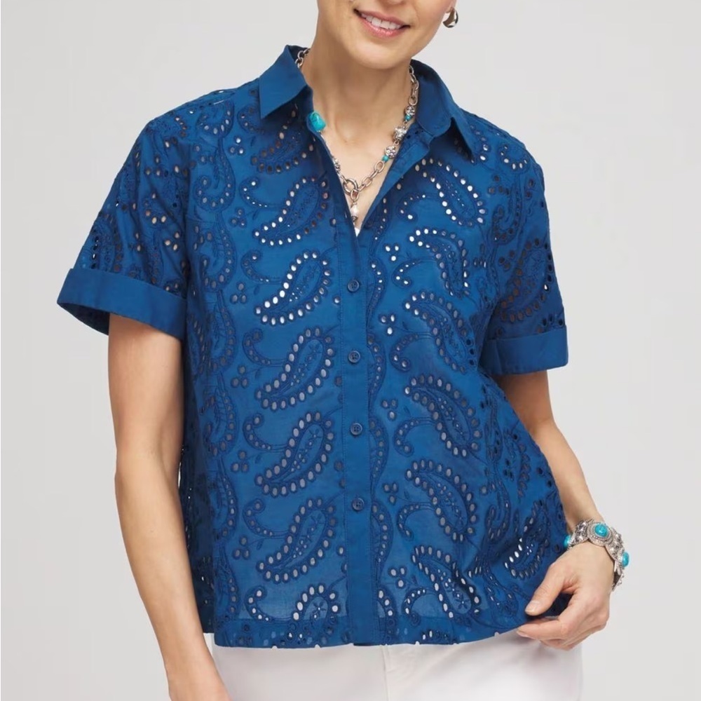Chico's eyelet embroidered top deep blue  size 12